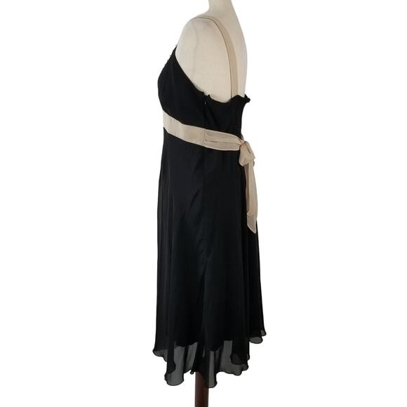 Jonathan Martin Petite Black Tan Silky Lined Flowy Tie Waist Midi Dress 12 P - Picture 2 of 6